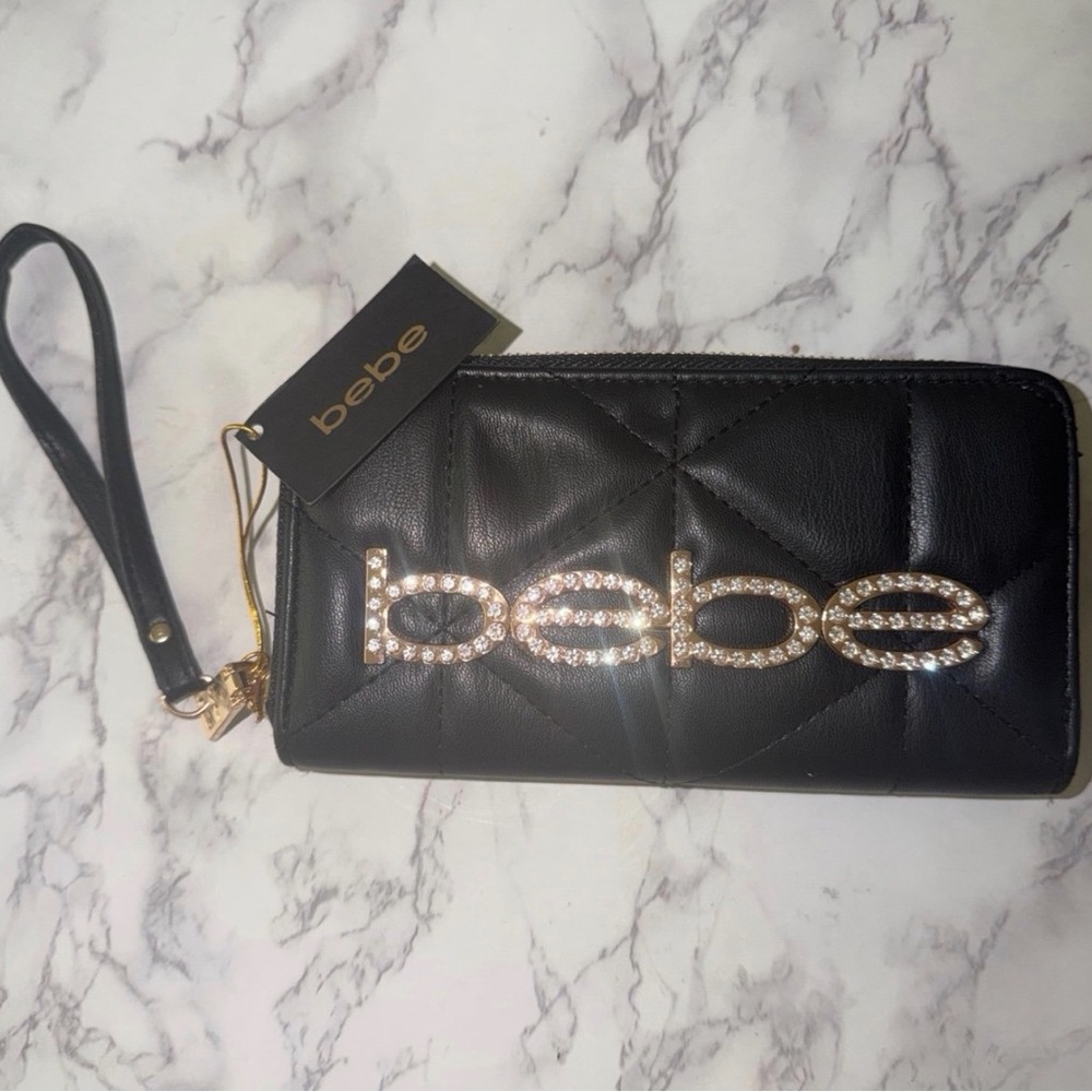Bebe New Quilted Black Wristlet Wallet with Crystal Logo